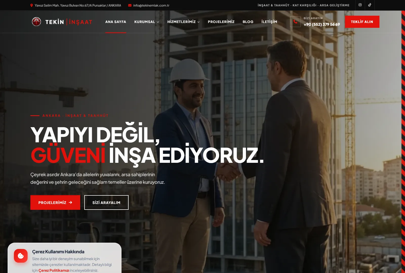 Tekin İnşaat web sitesi ana sayfası